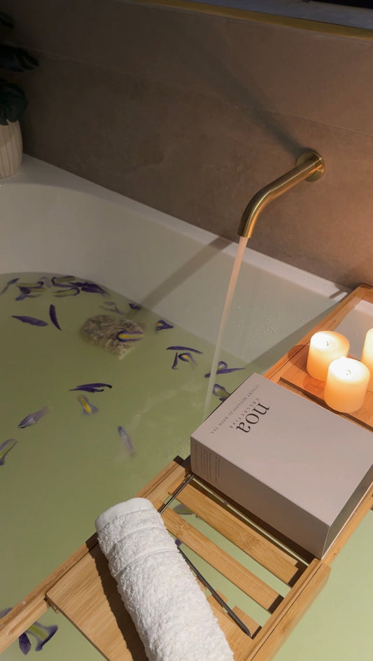 relaxing bath with natural bath tea for a calming self care moment